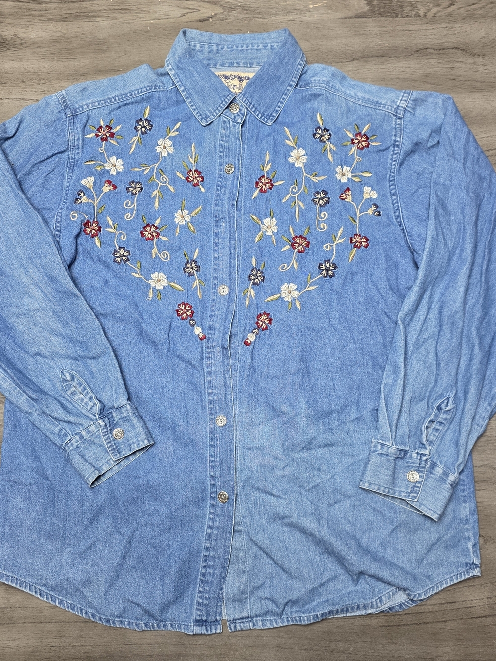 Floral Embroidered Light Blue Denim Button-Down Shirt